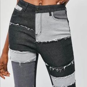 Patchwork Frayed Hem Flare Jeans